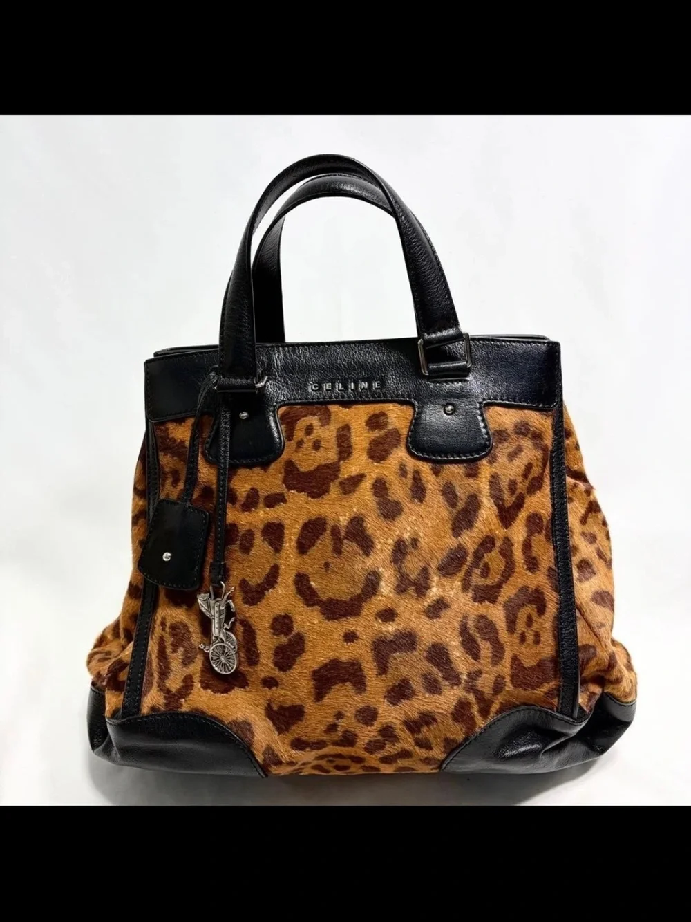Celine Leopard Print Satchel with Black Leather Trim